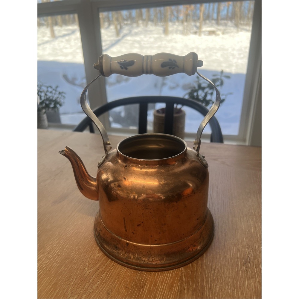 Vintage Copper Tea Kettle Pot‎ with White and Blue Porcelain Ceramic Handle